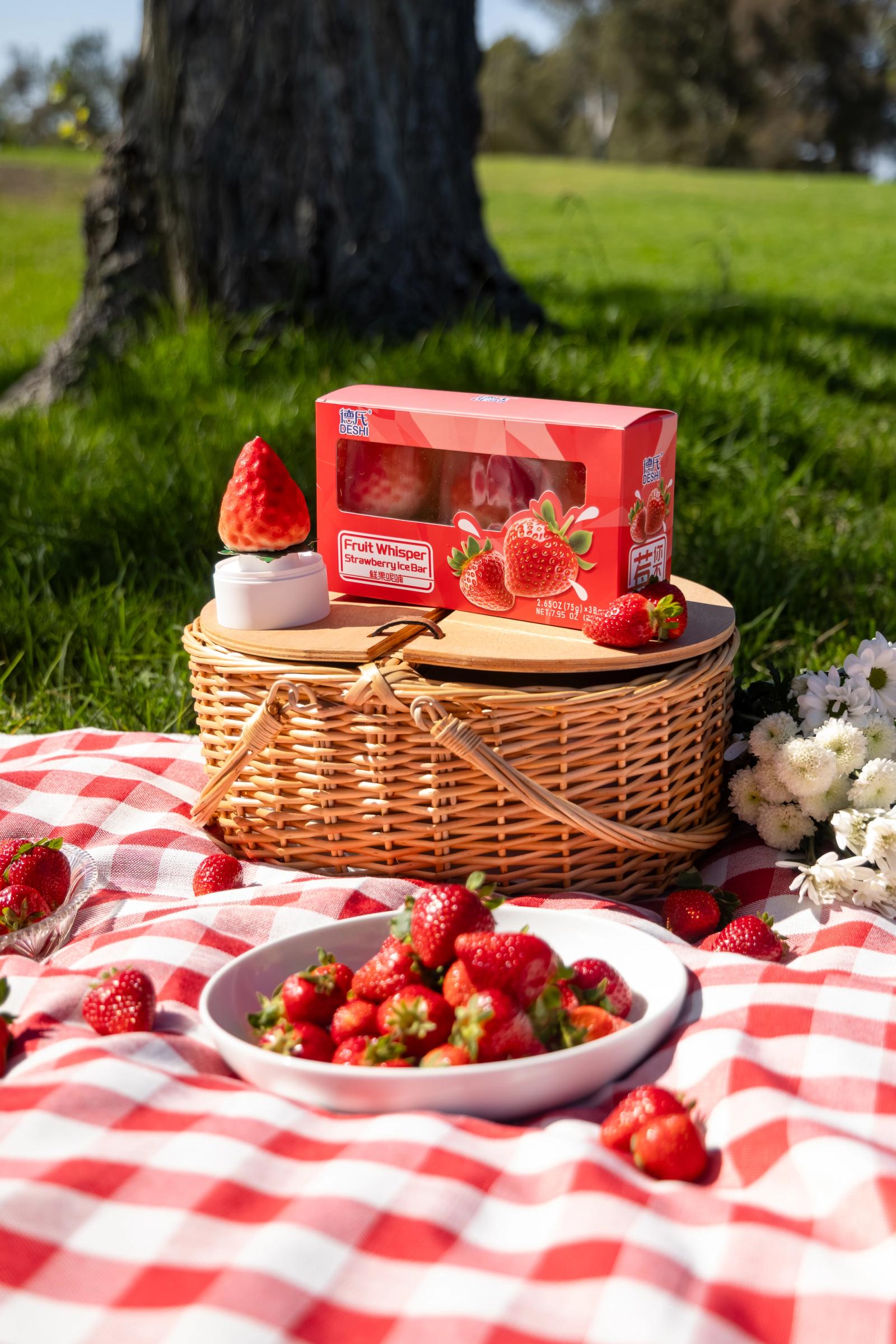 Fruit Whisper strawberry ice bars on a picnic basket